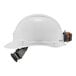 A white Ergodyne hard hat with an orange 4-point strap attached.