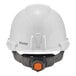 A white Ergodyne Skullerz hard hat with a LED light and black straps.