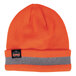An orange and grey striped rib knit winter hat with a reflective stripe.