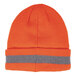 An orange knitted winter hat with grey stripes and a reflective stripe.