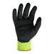 A pair of black and green Ergodyne ProFlex warehouse gloves with yellow trim.