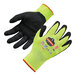 A pair of lime green and black Ergodyne ProFlex gloves with a nitrile palm coating on a white background.