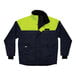 An Ergodyne N-Ferno insulated freezer jacket in navy blue and yellow with reflective accents.