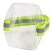 A clear vinyl arm band with reflective stripes and a green strap.