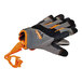 A close-up of a pair of gloves with orange Ergodyne Squids tool tethers.