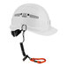 An Ergodyne Squids iron and steel workers tool tethering kit attached to a white hard hat.