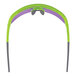 A pair of Ergodyne Skullerz safety glasses with a lime green frame and purple mirrored lenses.