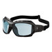 A close-up of Ergodyne Skullerz LOKI safety spoggles with blue lenses and a black frame.