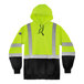 A lime green Ergodyne hooded sweatshirt with black front panel and reflective stripes.