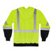 A lime green Ergodyne high visibility hooded sweatshirt with black front panel and reflective tape.