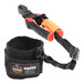 A pair of pliers with a black and orange Ergodyne Squids wrist lanyard attached.