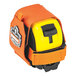 A yellow and black tape measure in a yellow and orange bag with a black handle.