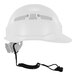 An Ergodyne black coiled hard hat lanyard attached to a white hard hat.