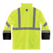 An Ergodyne hi-vis yellow rain jacket with black front panel and grey stripes.