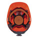 An orange Ergodyne hard hat with black straps.