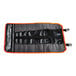 An Ergodyne Arsenal tool organizer roll up with black and orange zipper pockets.