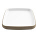 A white cheforward by GET square melamine plate with a tan rim.