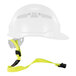 A white hard hat with a yellow Ergodyne Squids lanyard attached.