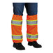 A person wearing orange Ergodyne leg gaiters with reflective tape.