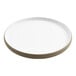 A white cheforward melamine plate with a brown rim.