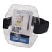 An Ergodyne black vinyl arm band ID holder with a black and white ID card.