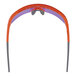 A pair of orange Ergodyne Skullerz safety glasses with purple mirrored lenses.