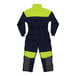 A blue and yellow work suit with reflective accents.