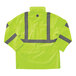 An Ergodyne hi-vis lime rain jacket with grey reflective stripes.