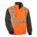 An Ergodyne high visibility orange jacket with black front panel and reflective stripes.