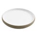 A white cheforward melamine plate with a tan rim.