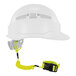An Ergodyne lime hard hat tether with a yellow coil strap.