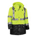 An Ergodyne hi-vis yellow rain jacket with black front panel and reflective stripes.