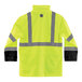 An Ergodyne hi-vis lime rain jacket with black and grey stripes.