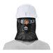 A person wearing a black Ergodyne shoulder-length hard hat liner with a neck protector.