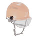 A white safety helmet with a clear visor attached.