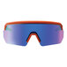 A pair of Ergodyne Skullerz safety glasses with orange frames and blue mirrored lenses.