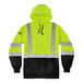 An Ergodyne hi-vis lime green hoodie with black front panel and reflective stripes.