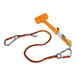 An orange Ergodyne Squids tool tether with a hammer attached.