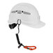 A white hard hat with a black tool tether strap attached to it.