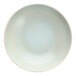 A white pasta bowl with a speckled light blue design.