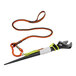 An orange and black Ergodyne tool tether strap with a metal tool attached.