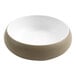 A white melamine bowl with a brown rim.