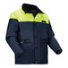 A navy blue and yellow Ergodyne N-Ferno insulated freezer jacket with reflective accents.