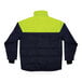 An Ergodyne navy, yellow, and black freezer jacket with reflective accents.
