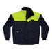 A navy and hi-vis yellow Ergodyne freezer jacket with reflective accents and a hood.
