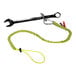 An Ergodyne lime green tool lanyard with a carabiner and cinch loop attached to a wrench.