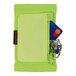 A lime green Ergodyne Squids wrist ID and badge holder with keys and a blue card inside.