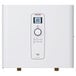 A white rectangular Stiebel Eltron tankless water heater with a circular black and white digital display.