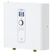 A white rectangular Stiebel Eltron tankless water heater with a digital display and dial.