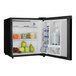 A Danby black solid door reach-in refrigerator with fruits and drinks inside.
